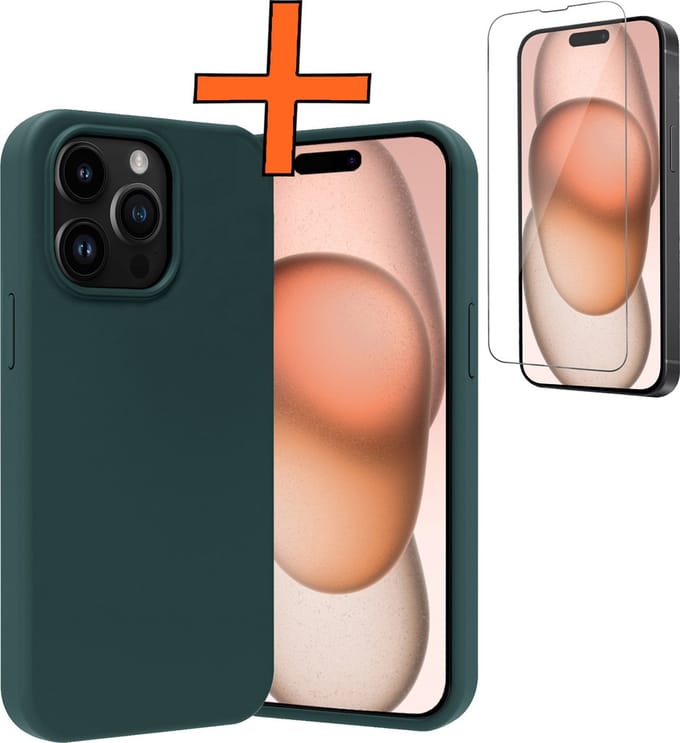 Hoes - Met Screenprotector - Geschikt voor Apple iPhone 15 Pro Max - Sterk & Shockproof - Back Cover - Siliconen Case - Telefoon Hoes - Donkergroen