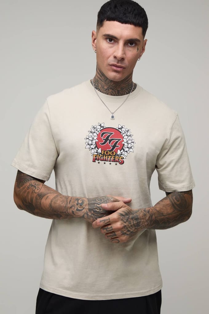 Lang Regular Foo Fighters Bloemen Licentie Print T-shirt | Stone | Size Medium