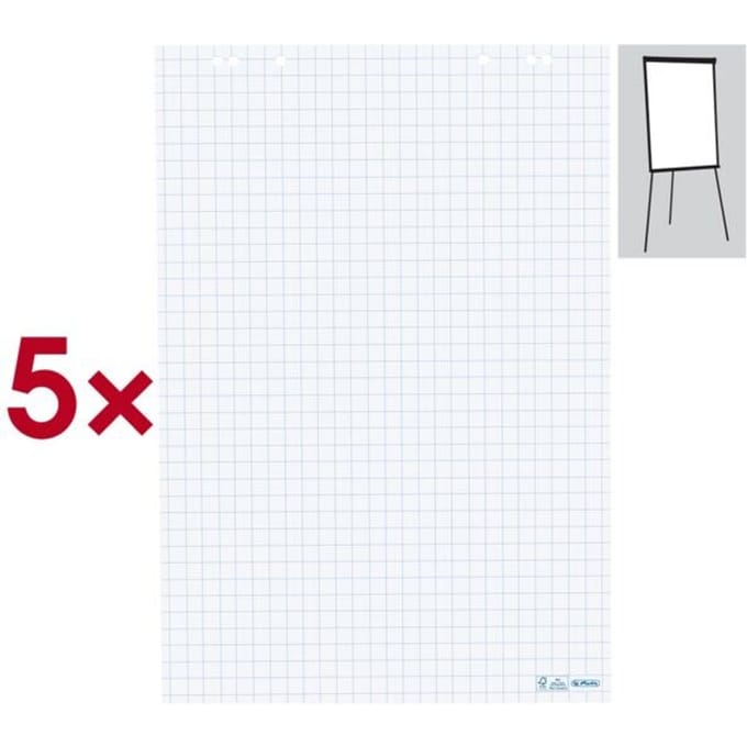 Herlitz flip-overblok, geruit, 6-voudig geperforeerd, B 650 x H 980 mm, papier, wit, 5 stuks van elk 20 vellen