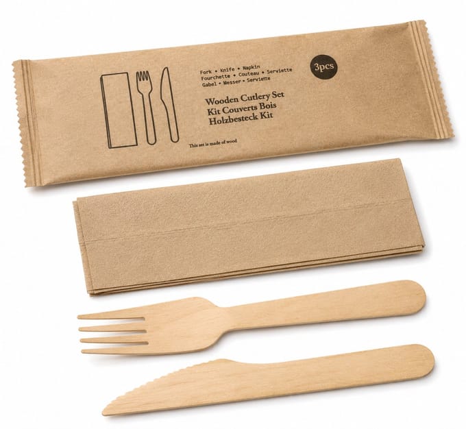 Pomebio houten bestekset 3 in 1 (mes|vork|servet) in bestekzakje - 250x