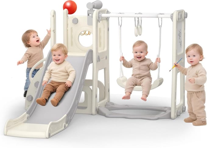 8-in-1 Binnenspeelgoed Klimrek met Glijbaan Schommel en Basketbalring