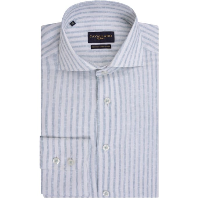 Cavallaro Napoli Overhemd Tarente Linnen Blend Stripe Lichtblauw-Wit / male