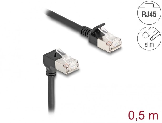 Delock RJ45 Network Cable Cat.6A S/FTP Slim 90° downwards angled / straight 0.5 m black