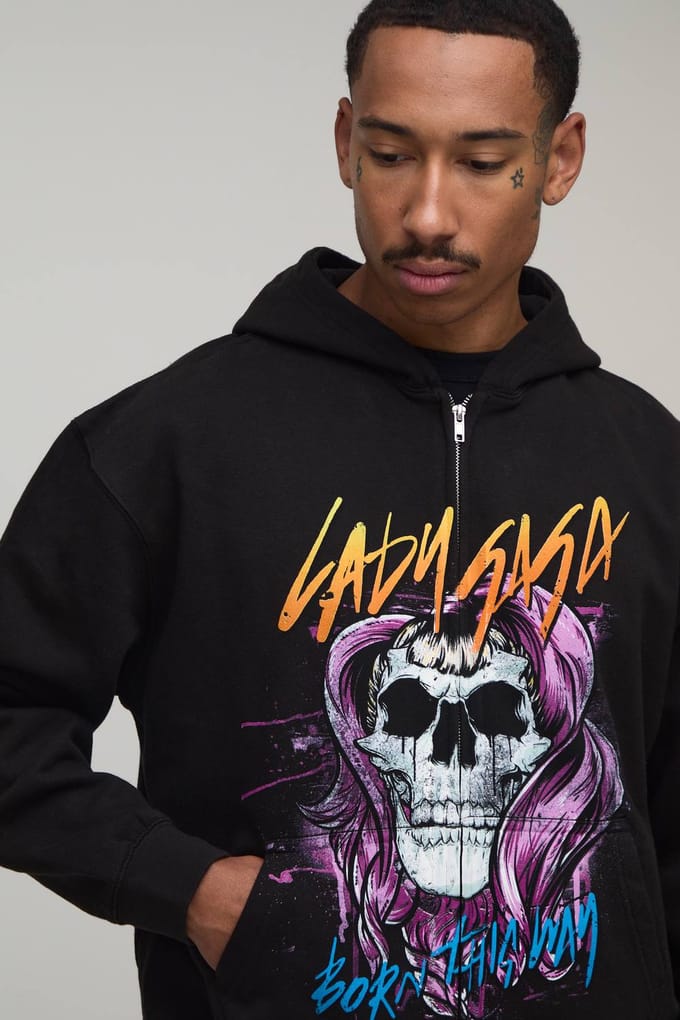 Zwarte Oversized Boxy Lady Gaga Licentie Bedrukte Hoodie Met Rits | Black | Size Medium