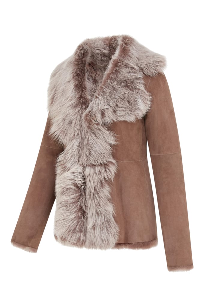 Dames Taupe Schapenvacht Toscana Shearling Suède Leren Jas - Noiré