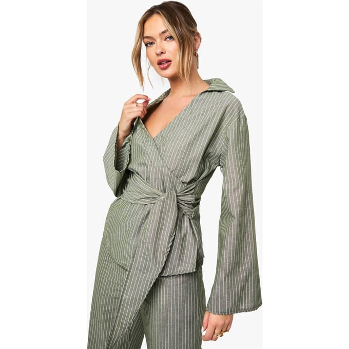 boohoo Dames Gestreepte wrap tie blouse | Olive | Maat: 6