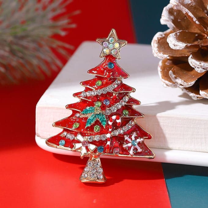 1 stuks Kerst Broches Sieraden Mode Emaille Strass Kerstboom Broche Pin Dames Kleding Accessoires rood