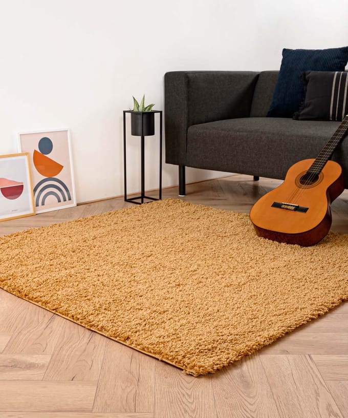 Vierkant hoogpolig vloerkleed - Shaggy Trend goud 200x200