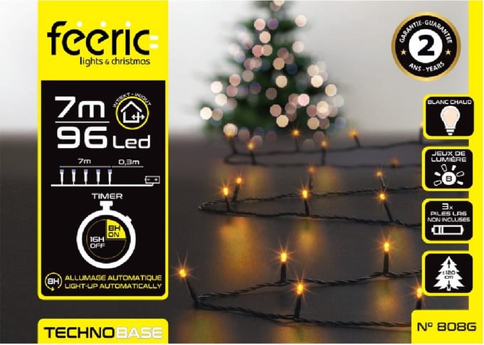 Feeric lights Kerstverlichting - warm wit - 7 m- 96 led lampjes - zwart snoer - batterij