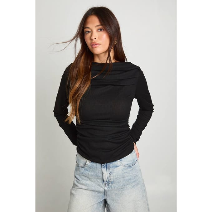 boohoo Dames Geribbeld gedrapeerde voorkant top met lange mouwen | Black | Maat: 6