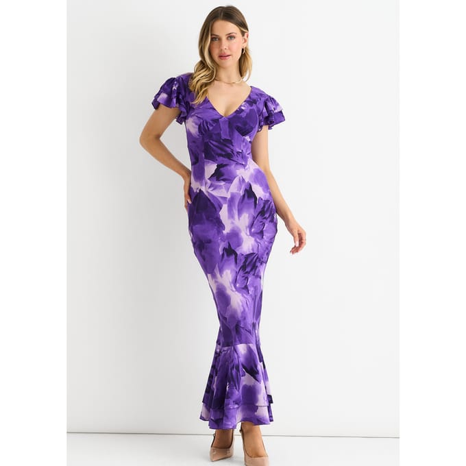 Paarse aquarelbloemige maxi jurk