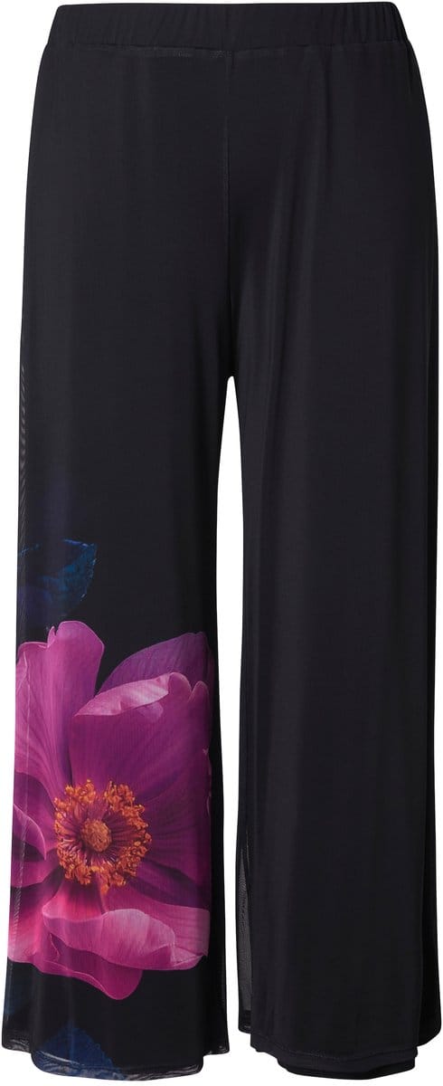 Ulla Popken - Dames - Chiffonbroek bloemen dubbellaags elastische tailleband - Zwart - Maat 54+