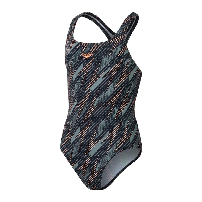 Speedo Meisjes Badpak Hyperboom Allover Medalist Blauw/Groen/Oranje