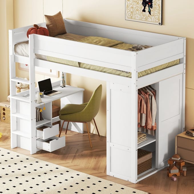REDOM Kinderbed Hoogslaper – 90x200 cm – Met bureau & kledingkast – Grenenhout & MDF – Wit