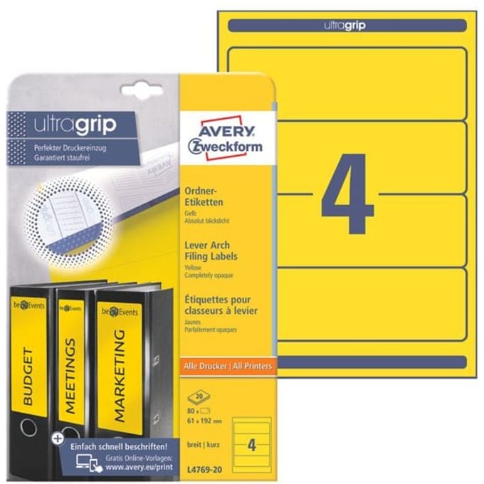 AVERY® doelmap Etiketten, breed, geel, 80 stuks, breed, geel, 80 stuks