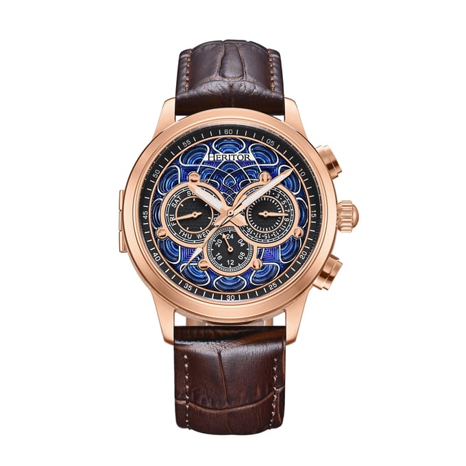 Heritor Automatic Apostle horloge met leren band en dag-/datumfunctie - roségoud/bruin