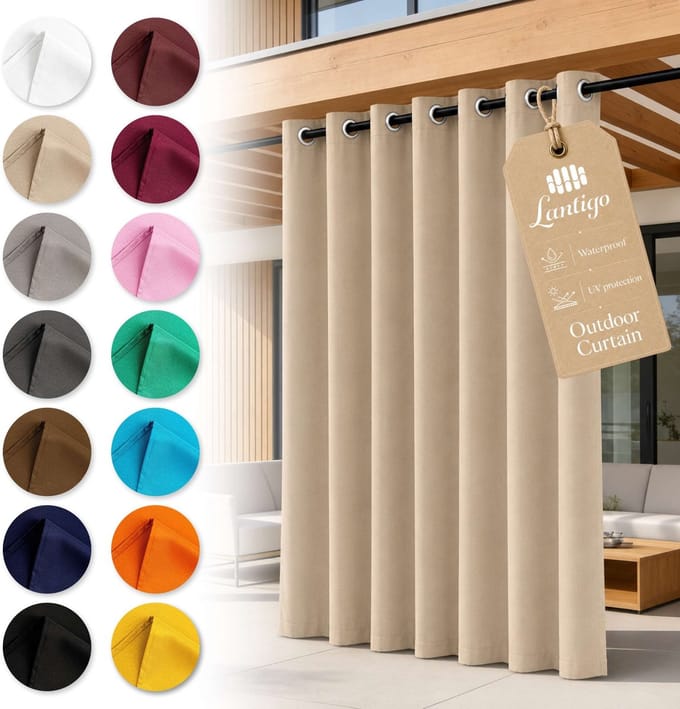 Lantigo Buitengordijn Beige 155x250 cm waterdicht winddicht | Privacyscherm pergola overkapping tuin ringen set