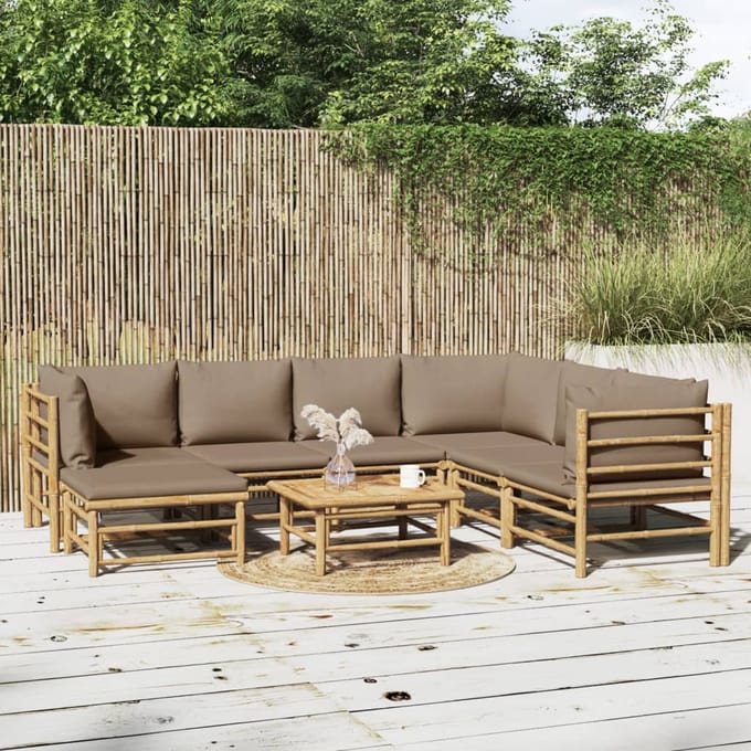 vidaXL - 8-delige - Loungeset - met - kussens - bamboe - taupe