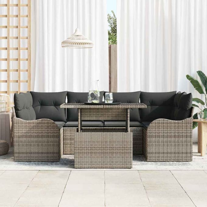 vidaXL - Tuinbank - Set - 7 - st - 6-Aantal - zitplaatsen - Grijs - Poly - Riet