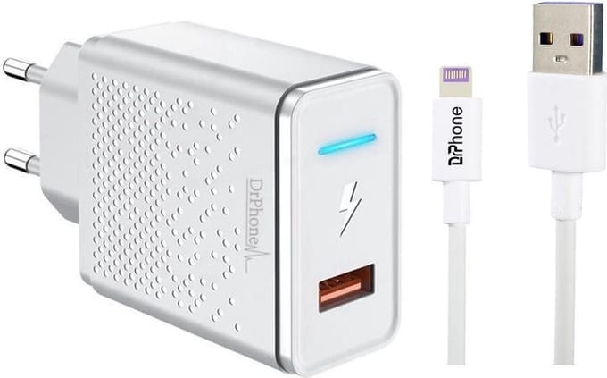DrPhone 1 Pack - Gecertificeerde 12W + 2+3 Meter Lightning kabel - Oplader Geschikt voor o.a. Geschikt voor iPhone / IPad - Wit