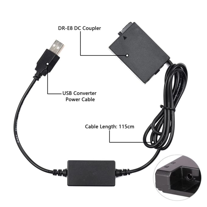 Andoer DR-E8 USB Power Kit AC-adapter Vervangende DC-koppeling Dummy-batterij Enkele USB-ingang zwart