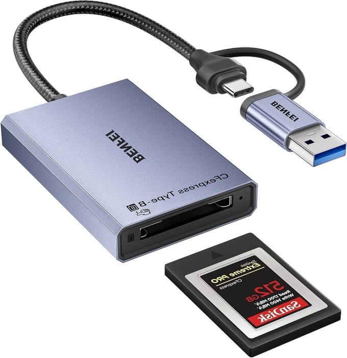 CFexpress Type B Kaartlezer met USB 3.2 (Gen 2) 10Gbps, USB-C & USB-A Adapter voor Snelle Gegevensoverdracht, Compatibel met Windows, Mac, Linux en Android