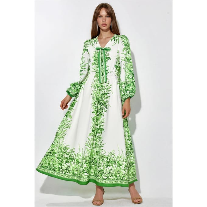 Geprinte V-hals Maxi Jurk Met Strikdetail
