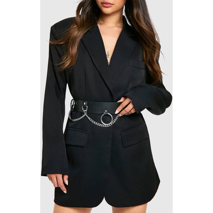 boohoo Dames Ring & Chain Detail Waist Belt | Black
