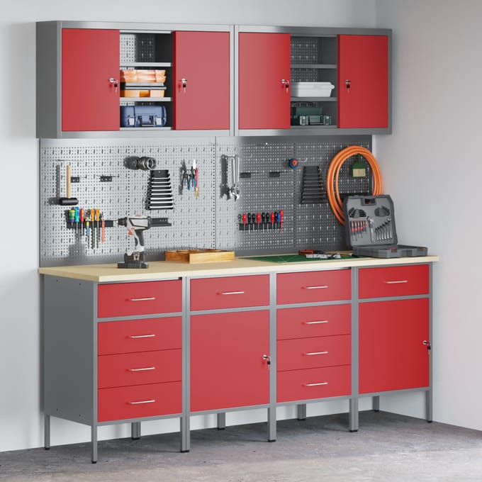 vidaXL - Werk - Cabinet - met - lade - 10 - st - Rood - Engineered - hout - en - staal