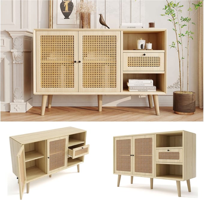 Buffetkast 120x40x80 cm - Rattan Front Met 1 Lade en 2 Magneetdeuren - Verstelbare Planken - Hout - Eiken
