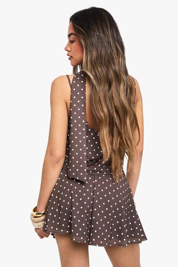 boohoo Dames Polka Print Floaty Mini Rok | Chocoladebruin | Maat: 40
