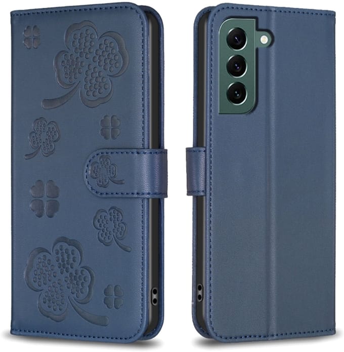 Voor Samsung Galaxy S24 FE 5G lederen telefoonhoes met vier bladeren (blauw)