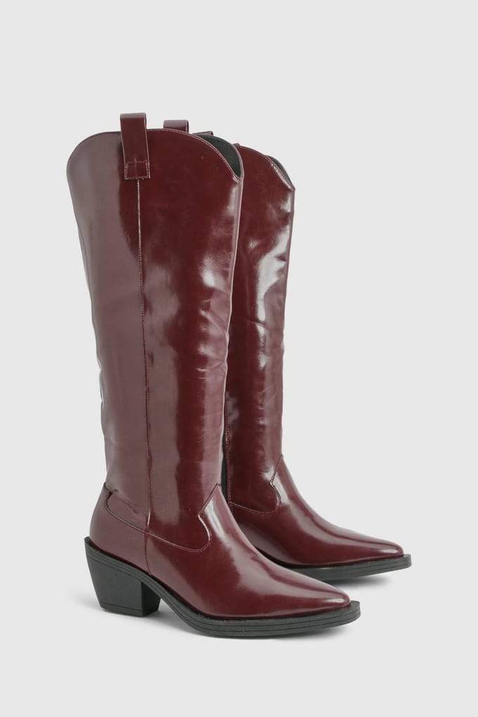 boohoo Dames Western Cowboy Mid Heel Stiefels | Bordeaux Rood | Maat: 38