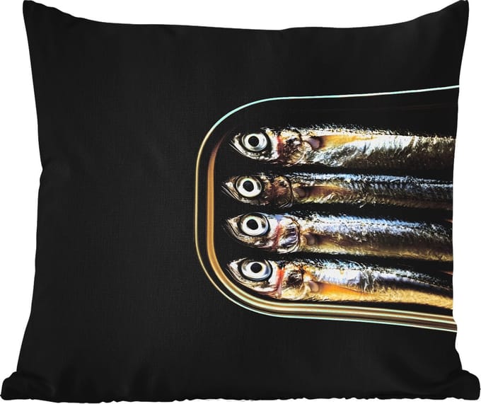 Buitenkussen Weerbestendig - Sardines - Blik - Zwart - Vissen - 50x50 cm