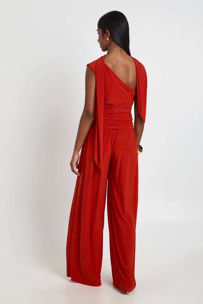boohoo Dames Slinky Jumpsuit Met Éen Schouder En Draperende Details | Rust | Maat: 16