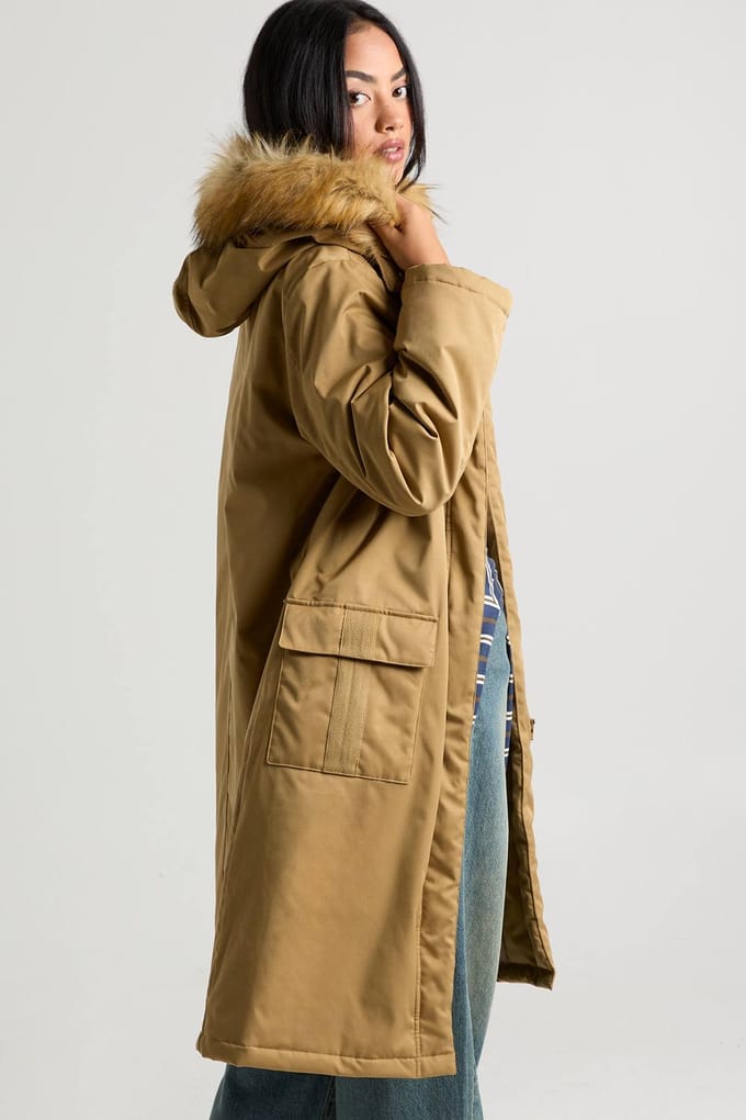 boohoo Dames Bontgevoerde parka met capuchon | Camel | Maat: 8