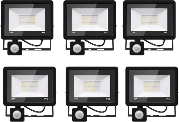 Set van 6 LED Buitenlamp met Bewegingsmelder 30W IP66 Koud Wit