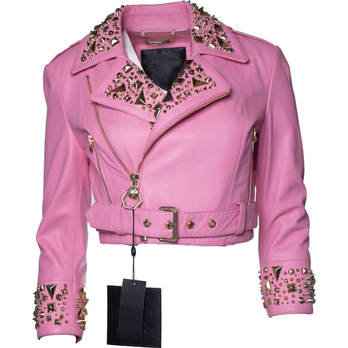 Philipp Plein, Roze Disney cropped leren biker