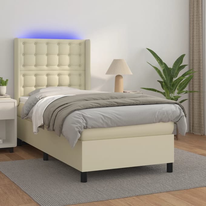 vidaXL - Boxspring - met - matras - en - LED - kunstleer - crèmekleurig - 100x200 - cm
