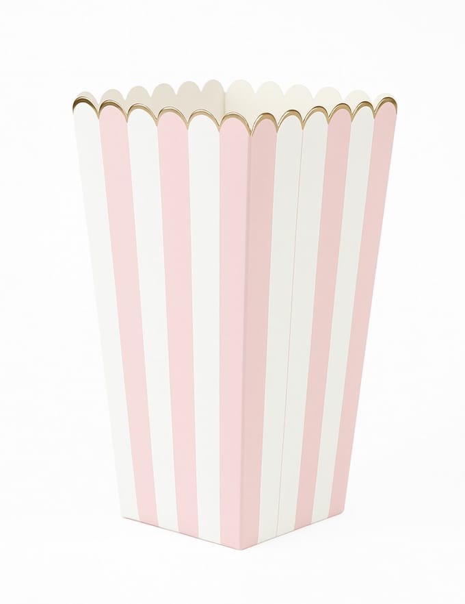 PARTYPRO - 8 pastelroze en witte popcornzakjes 12,5 x 7 cm van goudgestreept karton