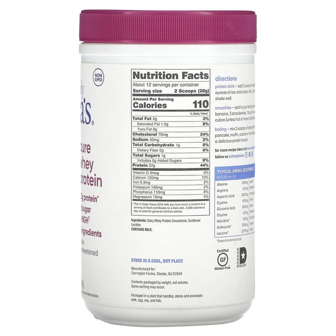 Simply Tera's, Protéine de Whey Pure, Nature, Non Sucré, 12 oz (340 g)