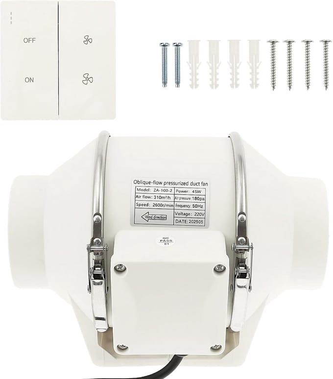 Krachtige Tijdgestuurde Buisventilator (100mm) met Vocht- en Temperatuursensor | 310 m³/uur