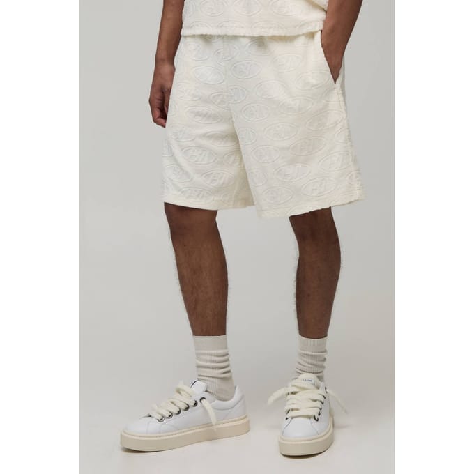 Baggy Fit BM Terry Towelling Jacquard Shorts | Ecru | Size Medium