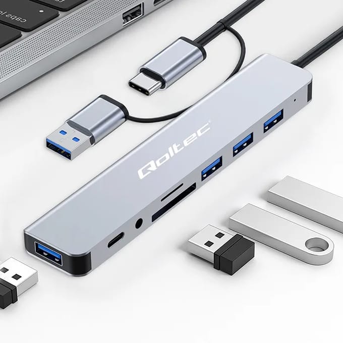 Qoltec Hub-adapter 8-in-1 USB-C/USB |   USB-C |   4xUSB |   SD/TF-kaart |   JACK 3,5 mm TRRS