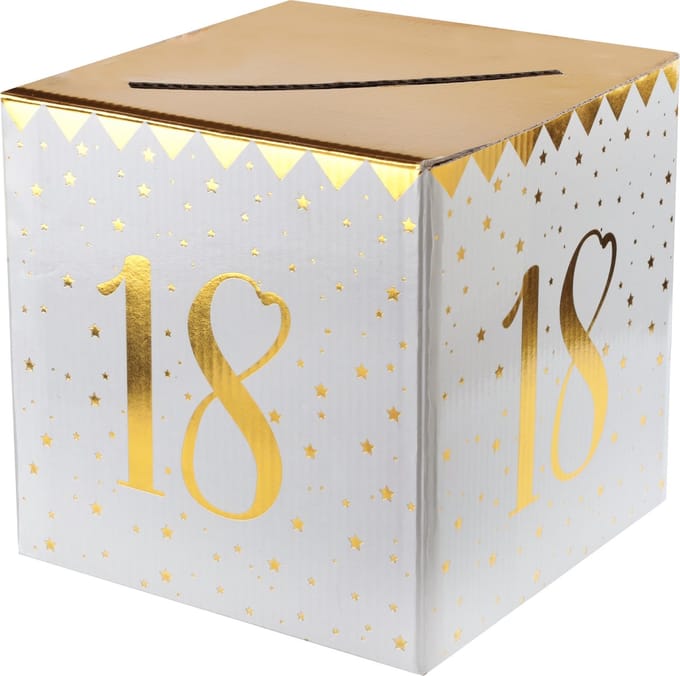 Santex Verjaardag enveloppendoos - leeftijd 18 jaar - wit/goud - karton - 20 x 20 cm