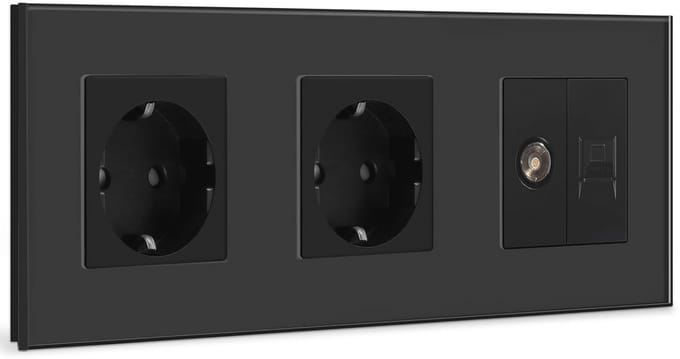 Schuko Wandcontactdoos met TV en Ethernet Aansluiting - Zwart Glas Paneel