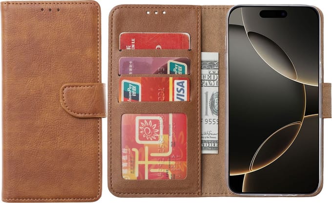 Hoesje Geschikt voor iPhone 16 Pro – Arara bookcase met pasjeshouder - Bruin