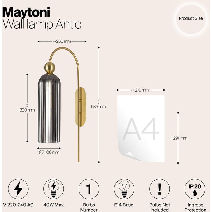 Maytoni Antic wandlamp, glazen kap in grijs