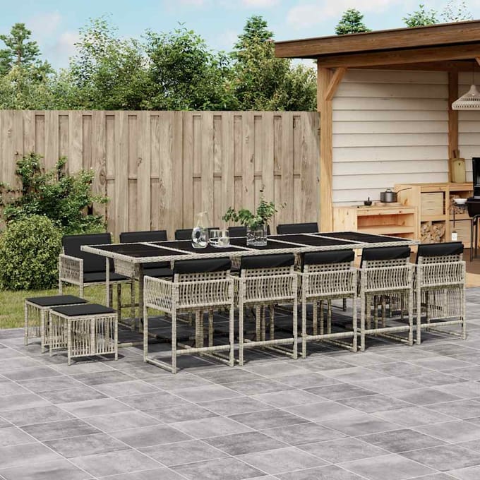 vidaXL - 15-delige - Tuinset - met - kussens - poly - rattan - lichtgrijs