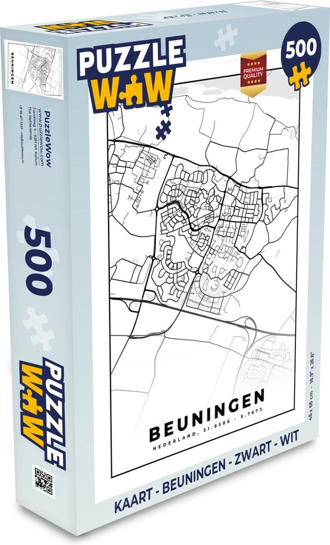 Puzzel Kaart - Beuningen - Zwart - Wit - Legpuzzel - Puzzel 500 stukjes